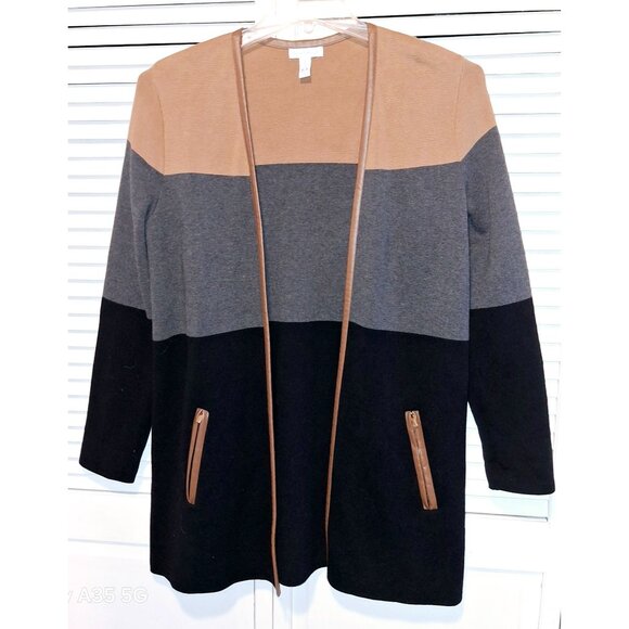 Colorblock Open-Front Cardigan With Faux Leather Trim Pockets By Charter Club Si - Picture 1 of 8